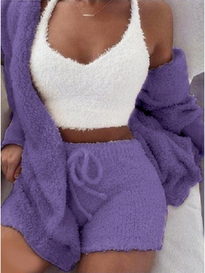 Pyjama Femme Court Shorts + Crop Top + Veste à Capuche Duveteux en Coton | CozyCloud