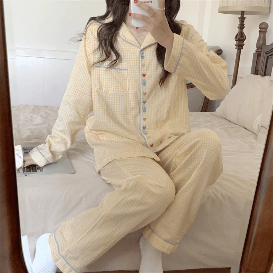 Pyjama Femme Long Pantalon + Chemise à Manches Longues Style Américain Ours en Coton | CozyCloud