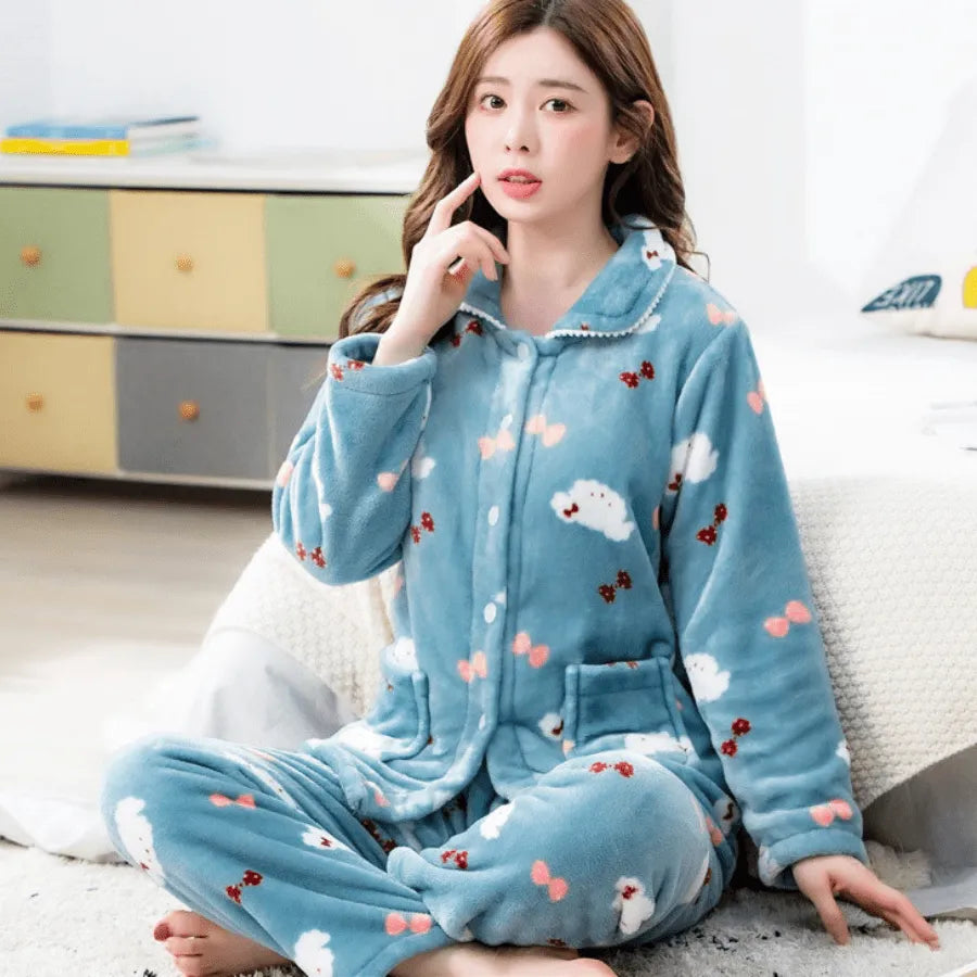 Pyjama Femme Long Pantalon + Chemise à Manches Longues en Peluche Chaleur Douillette en Coton | CozyCloud