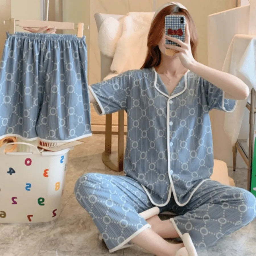 Pyjama Femme Pantalon + Shorts + Chemise à Manches Courtes en Velours Coupe Côtelé | CozyCloud