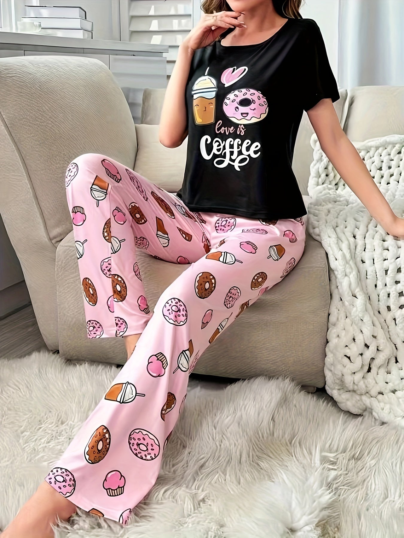 Pyjama Femme Long Pantalon + Chemise à Manches Courtes Café et Beignets en Coton | CozyCloud