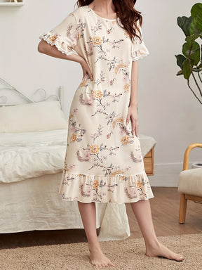 Pyjama Femme Chemise de Nuit Fleurs et Branches en Satin | CozyCloud