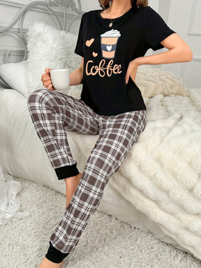 Pyjama Femme Court Pantalon + Chemise à Manches Courtes Tasse Adorable en Coton | CozyCloud