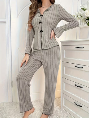 Pyjama Femme Long Pantalon + Chemise à Manches Longues Boutons PetitsNoeuds en Coton | CozyCloud