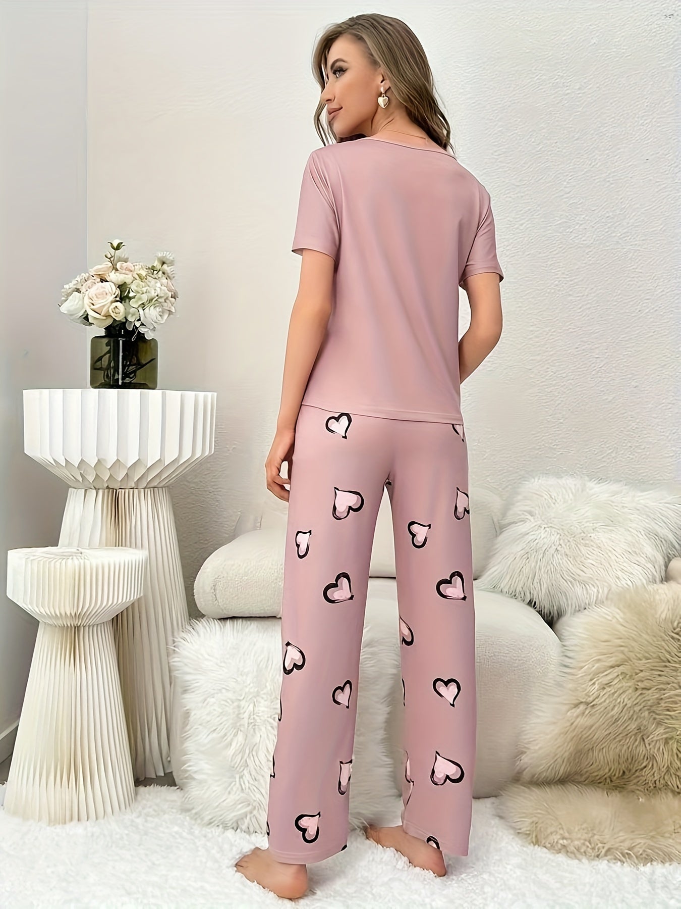 Pyjama Femme Long Pantalon + Chemise à Manches Courtes Coeur Amour en Coton | CozyCloud