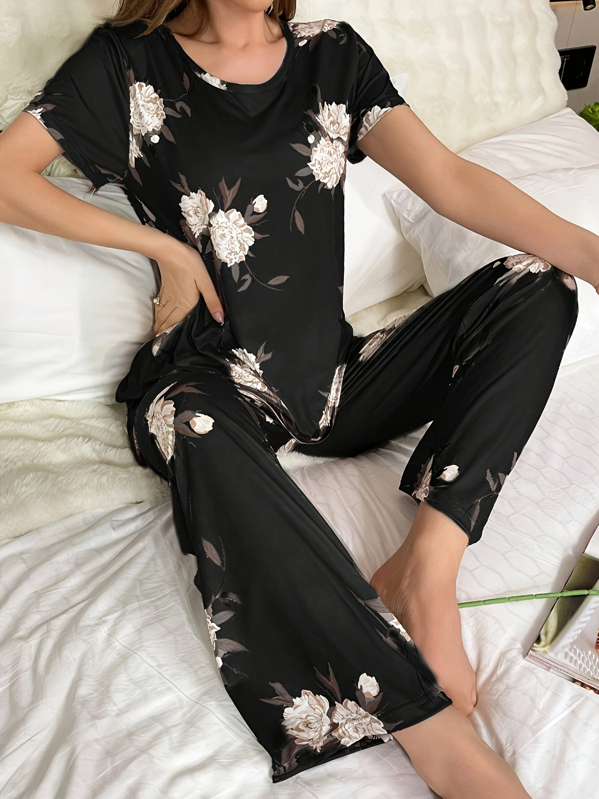 Pyjama Femme Long Pantalon + Chemise à Manches Courtes Roses Blancs en Coton | CozyCloud