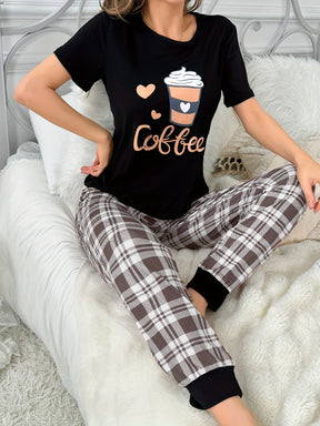 Pyjama Femme Court Pantalon + Chemise à Manches Courtes Tasse Adorable en Coton | CozyCloud