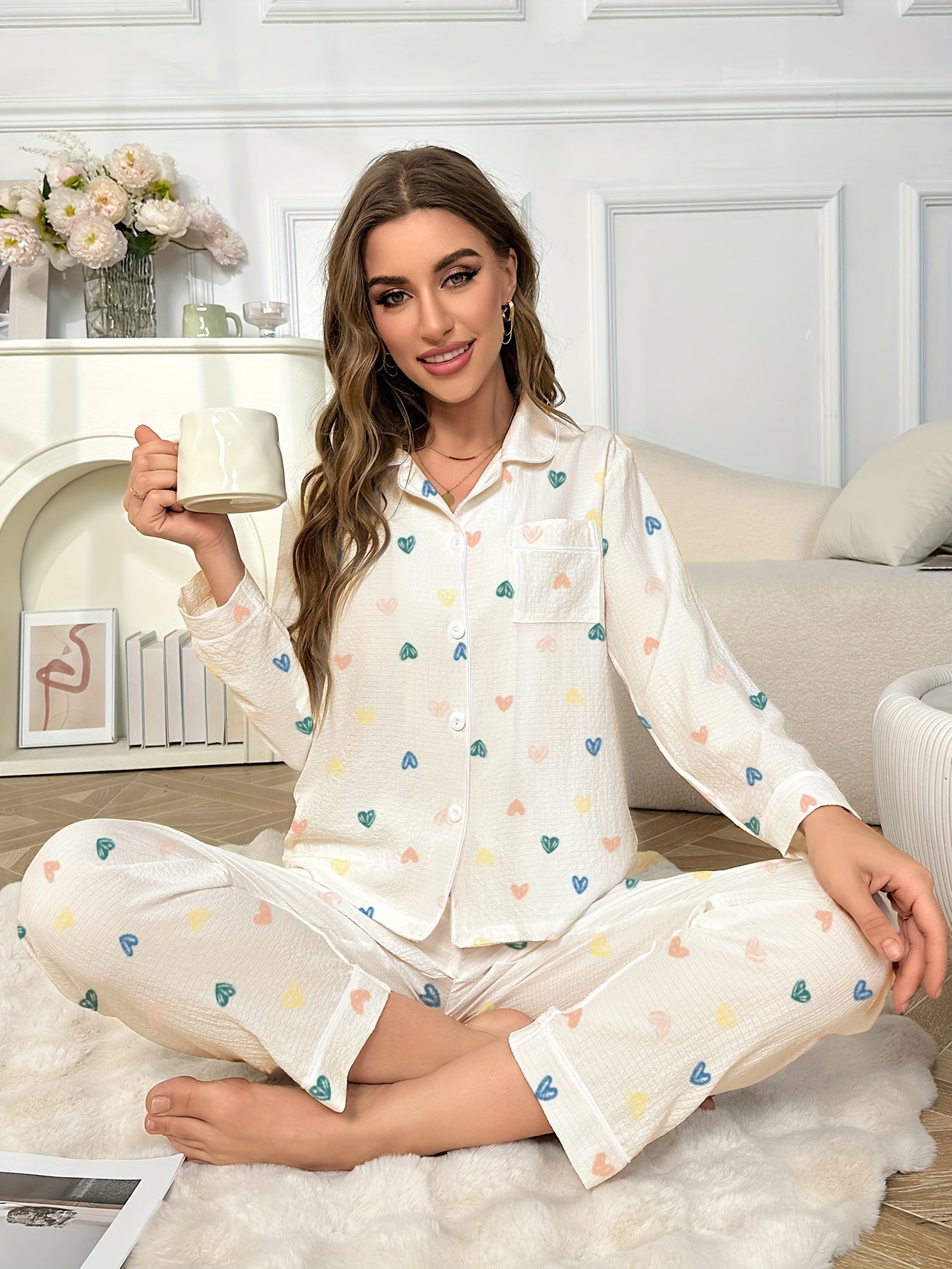 Pyjama Femme Long Pantalon + Chemise à Manches Longues Américain en Chiffon | CozyCloud