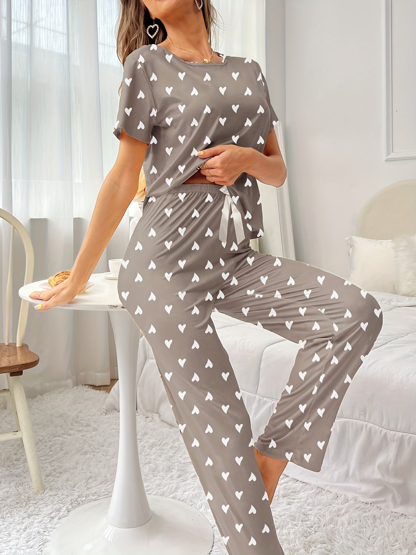 Pyjama Femme Long Pantalon + Chemise à Manches Courtes Blancs Coeurs en Coton | CozyCloud