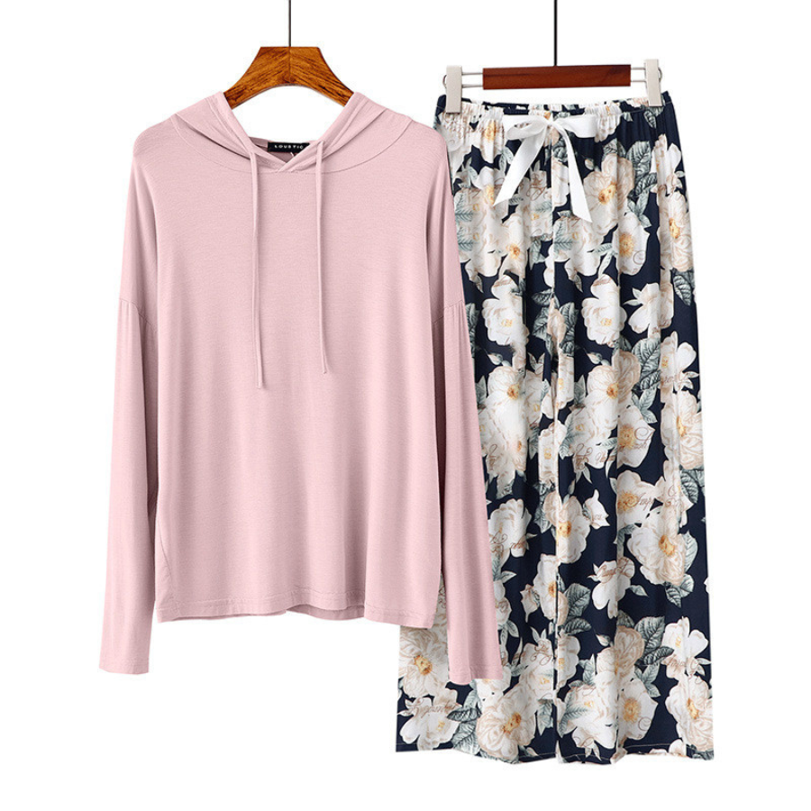 Pyjama Femme Long Pantalon + Blouse à Manches Longues Capuche en Viscose | CozyCloud