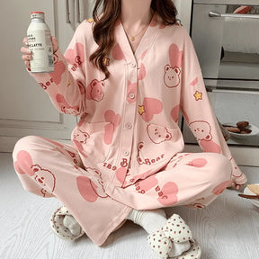 Pyjama Femme Long Pantalon + Chemise à Manches Longues avec Boutons Divers en Coton | CozyCloud