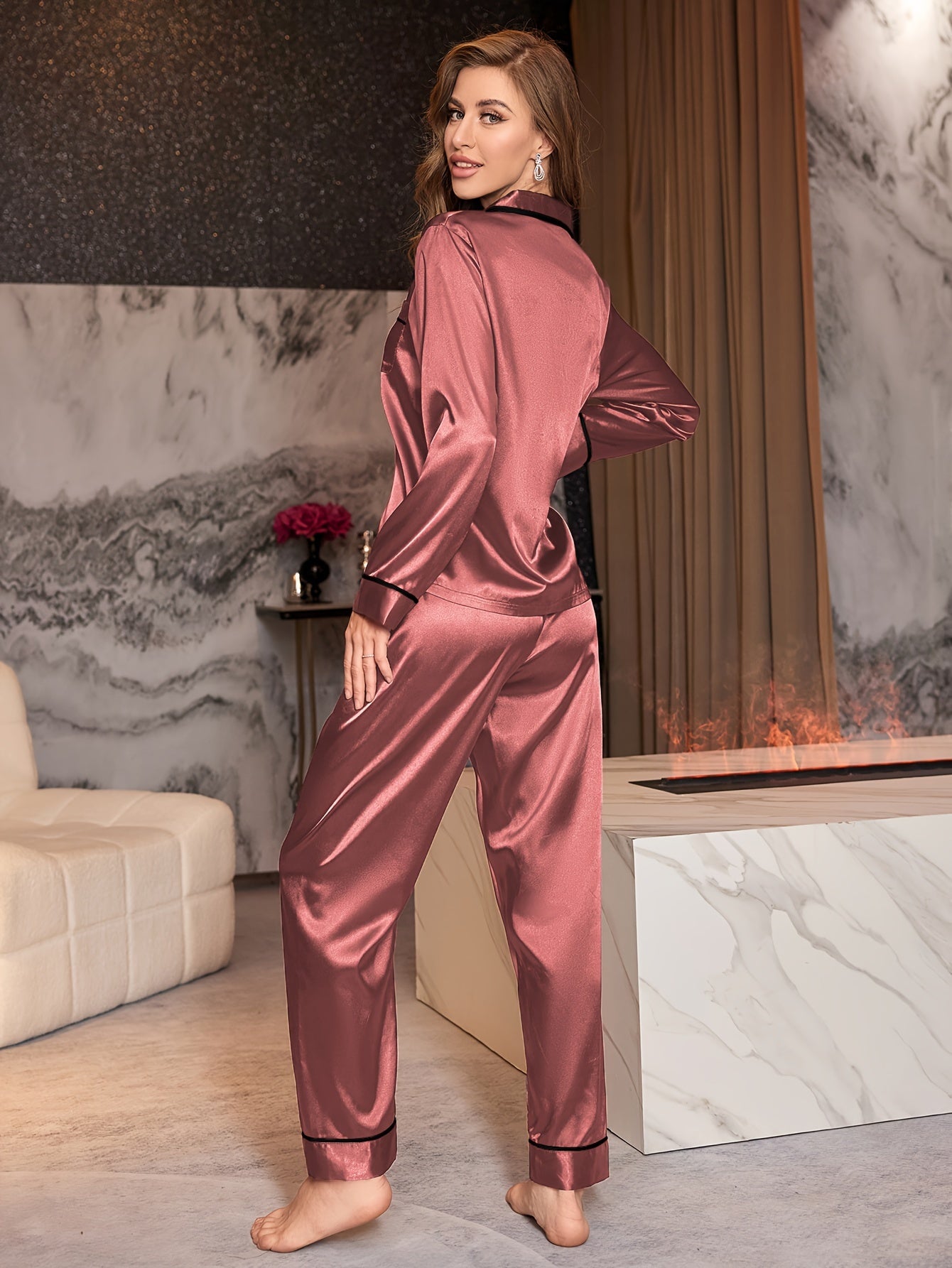 Pyjama Femme Long Pantalon + Chemise à Manches Longues Américain Uni Brillant en Satin | CozyCloud