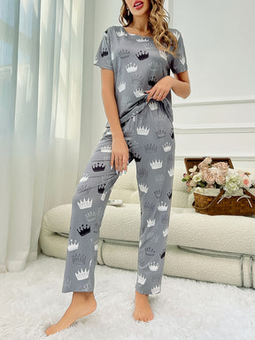 Pyjama Femme Long Pantalon + Chemise à Manches Courtes Couronnes B&N en Coton | CozyCloud