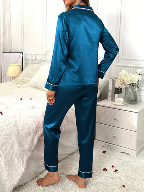 Pyjama Femme Long Pantalon + Chemise Manches Longues Américain B Vibrant en 100% Satin | CozyCloud