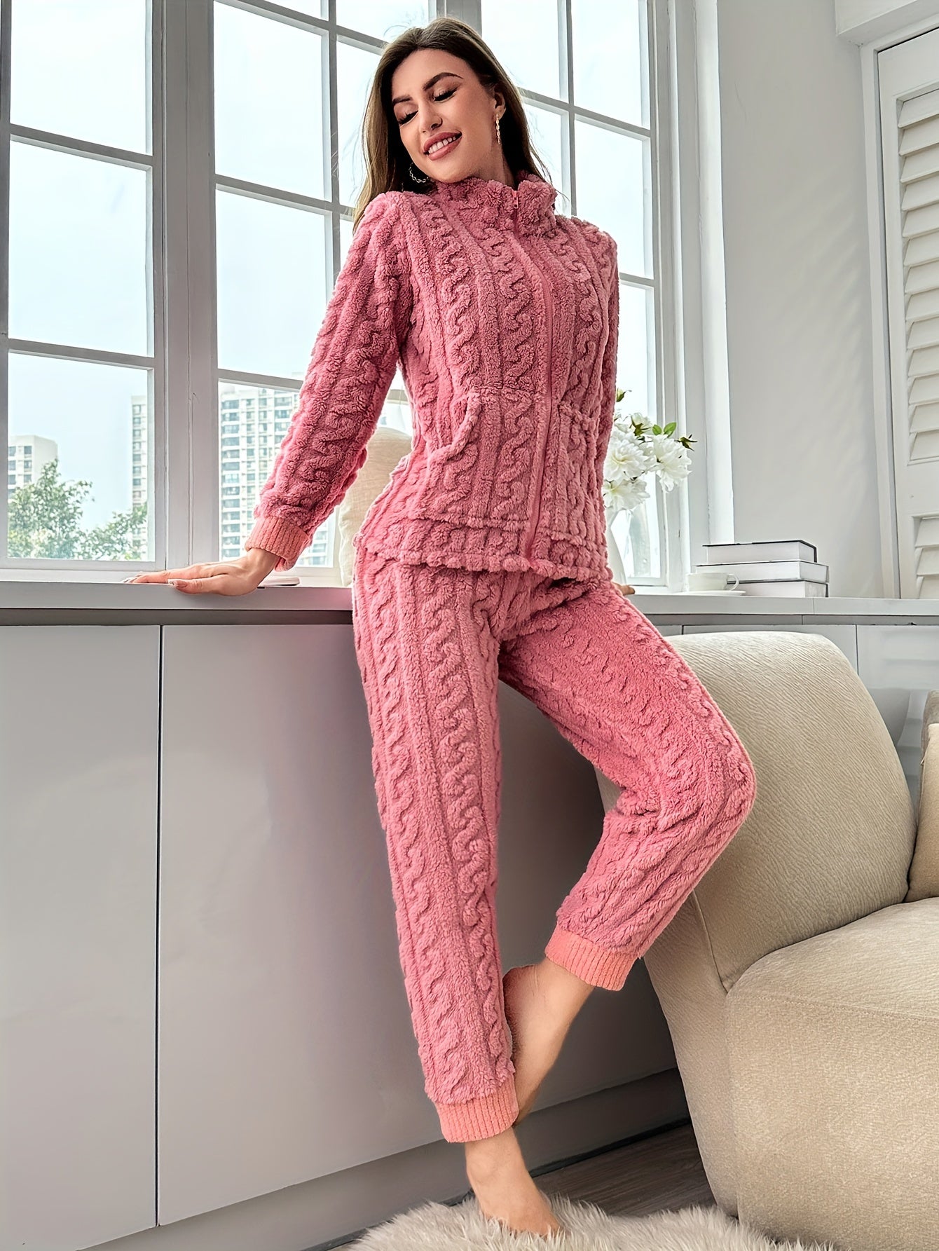 Pyjama Femme Long Pantalon + Blouse en Peluche sans Capuche Col Montant en 100% Coton | CozyCloud