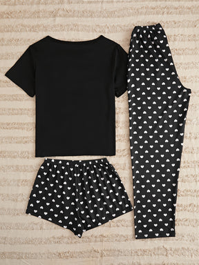 Pyjama Femme 3 Pièces Pantalon + Shorts + Chemise Manches Courtes PetitsCoeurs en Coton | CozyCloud