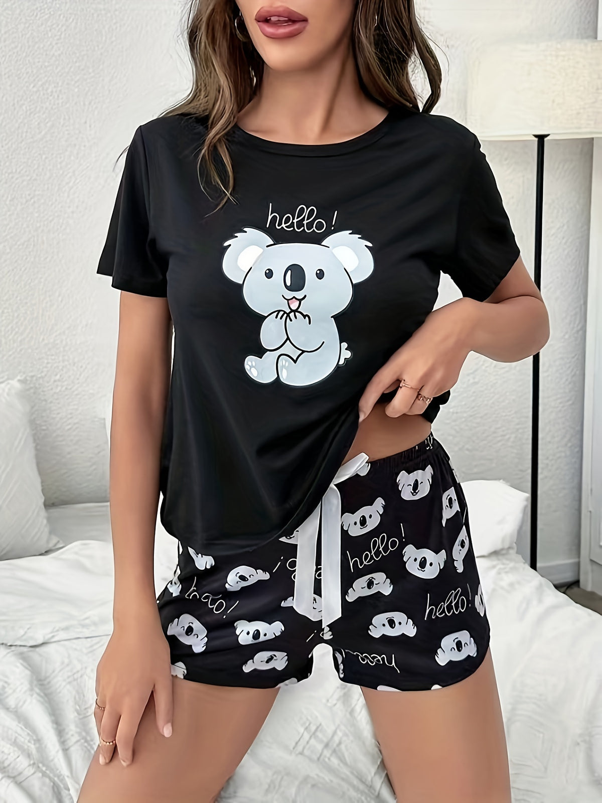 Pyjama Femme Court Shorts + Chemise à Manches Courtes Bonjour Koala en Coton | CozyCloud