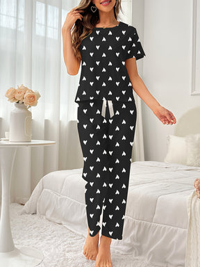 Pyjama Femme Long Pantalon + Chemise à Manches Courtes Blancs Coeurs en Coton | CozyCloud