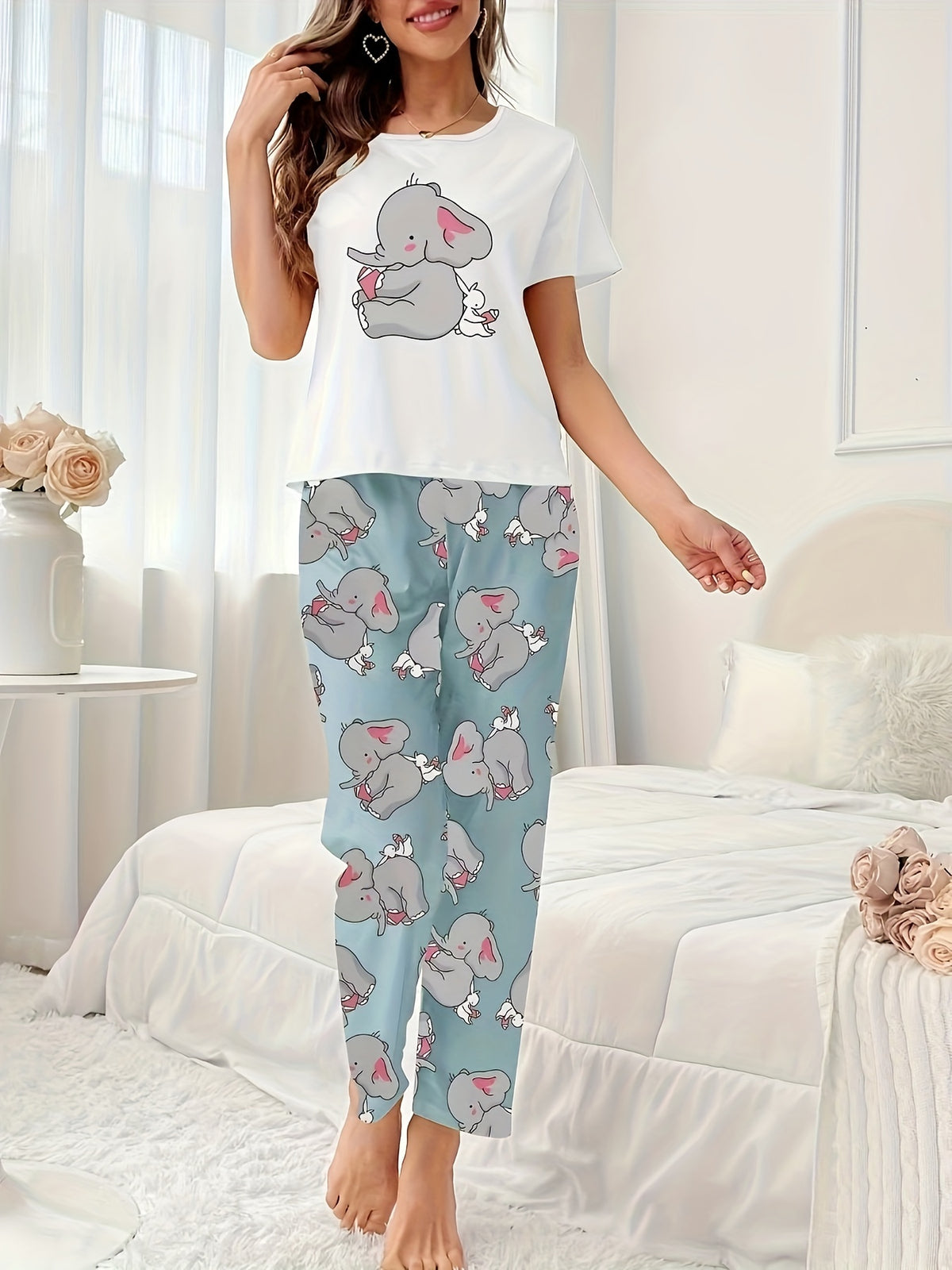 Pyjama Femme Long Pantalon + Chemise à Manches Courtes Éléphants et Lapins en Coton | CozyCloud