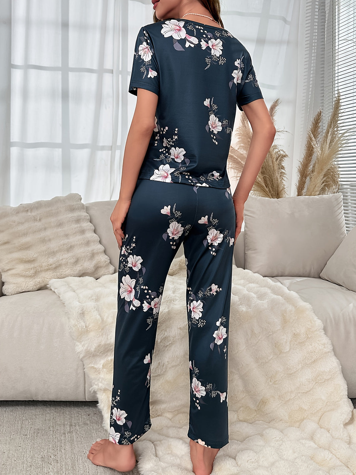 Pyjama Femme Long Pantalon + Chemise à Manches Courtes en Tissu Élastique | CozyCloud