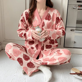 Pyjama Femme Long Pantalon + Chemise à Manches Longues avec Boutons Divers en Coton | CozyCloud