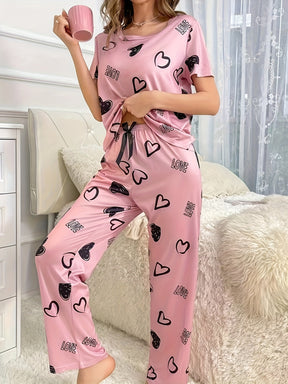 Pyjama Femme Long Pantalon + Chemise à Manches Courtes CoeursNoirs et Noeud en Coton | CozyCloud