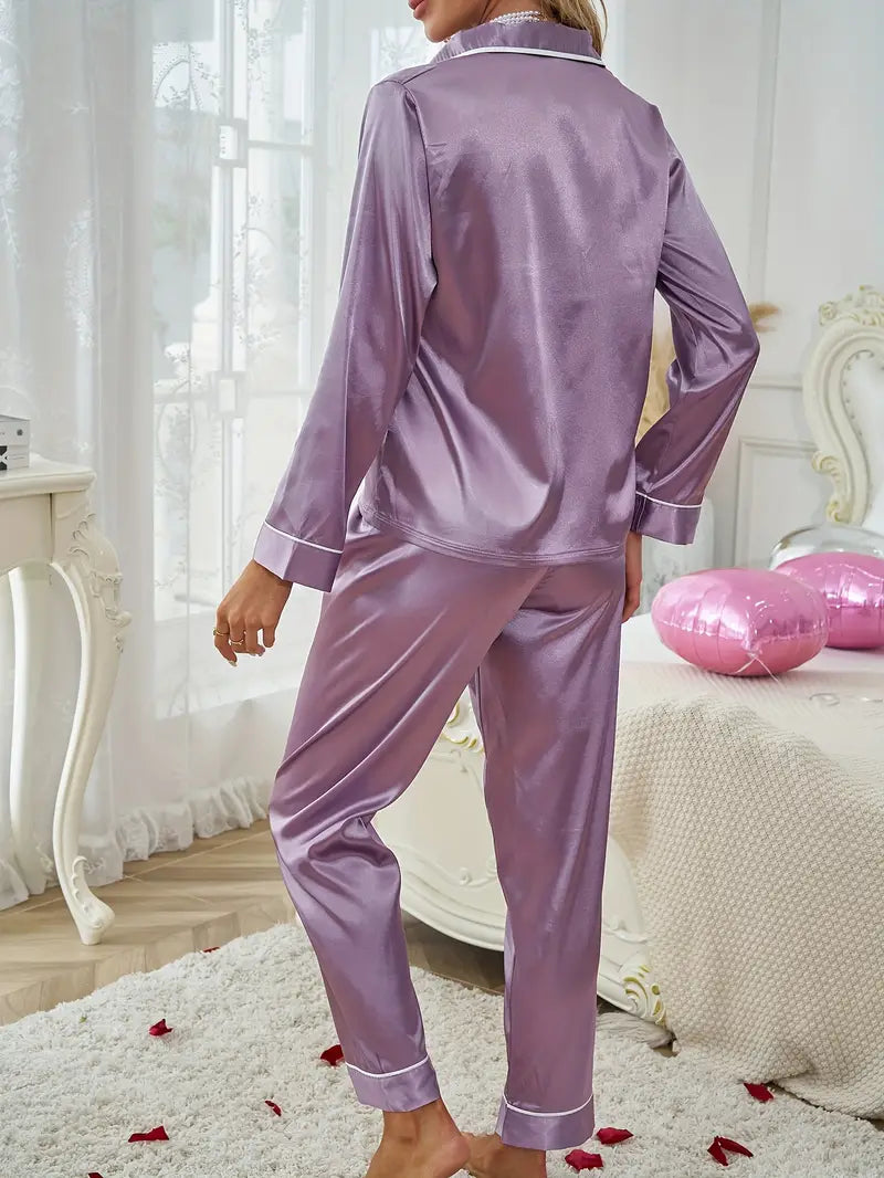 Pyjama Femme Long Pantalon + Chemise Manches Longues Américain B Vibrant en 100% Satin | CozyCloud