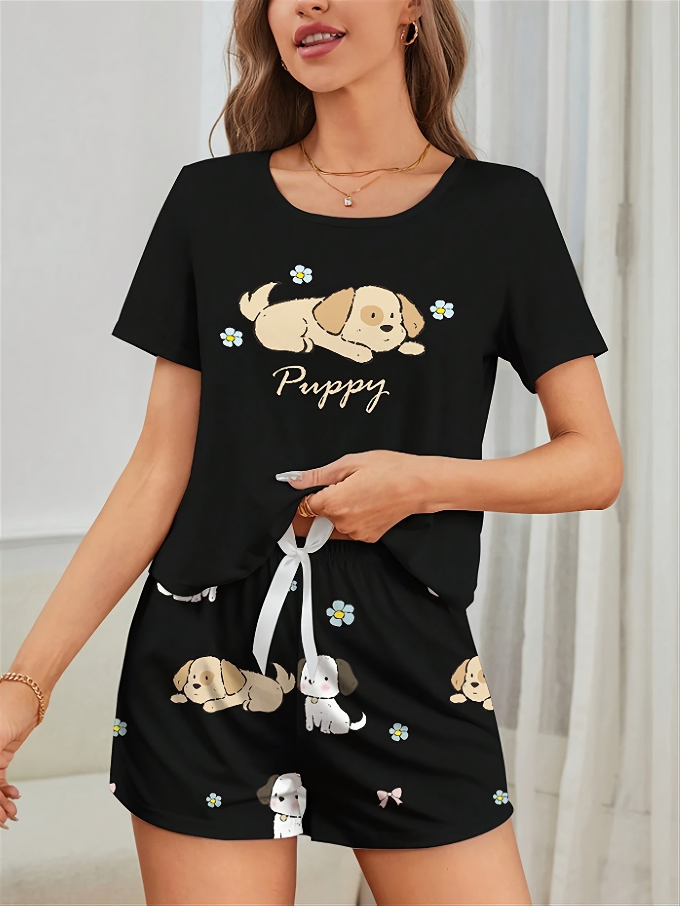 Pyjama Femme Court Shorts + Chemise à Manches Courtes Puppy en Coton | CozyCloud