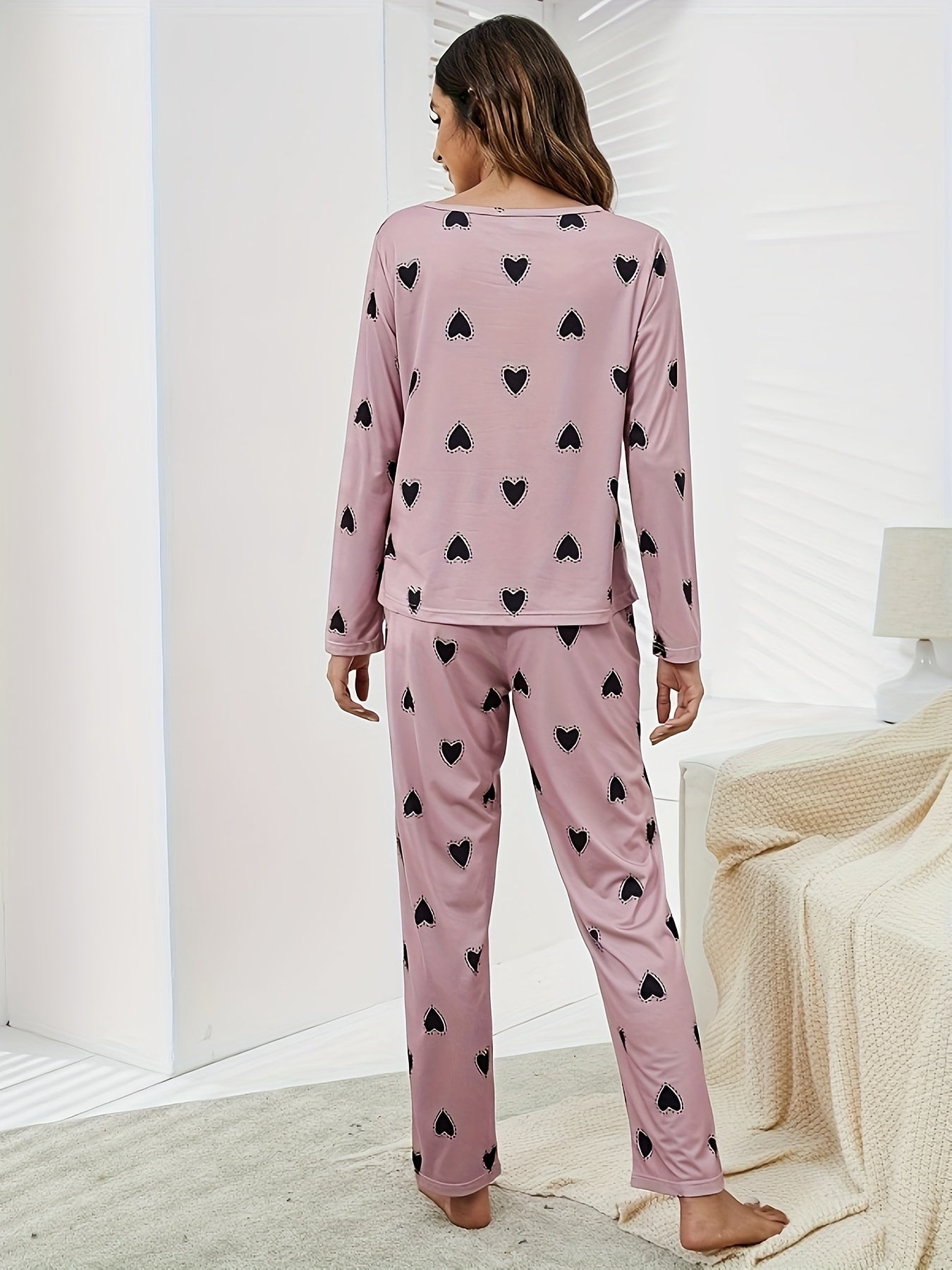 Pyjama Femme Long Pantalon + Chemise à Manches Longues Coeurs en Tissu Élastique | CozyCloud