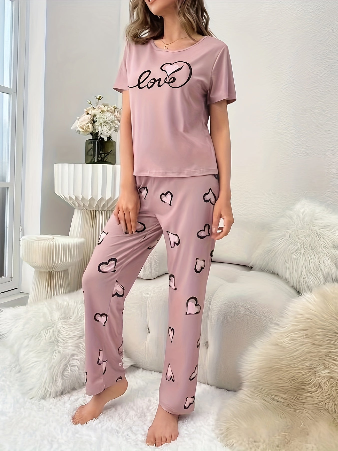 Pyjama Femme Long Pantalon + Chemise à Manches Courtes Coeur Amour en Coton | CozyCloud