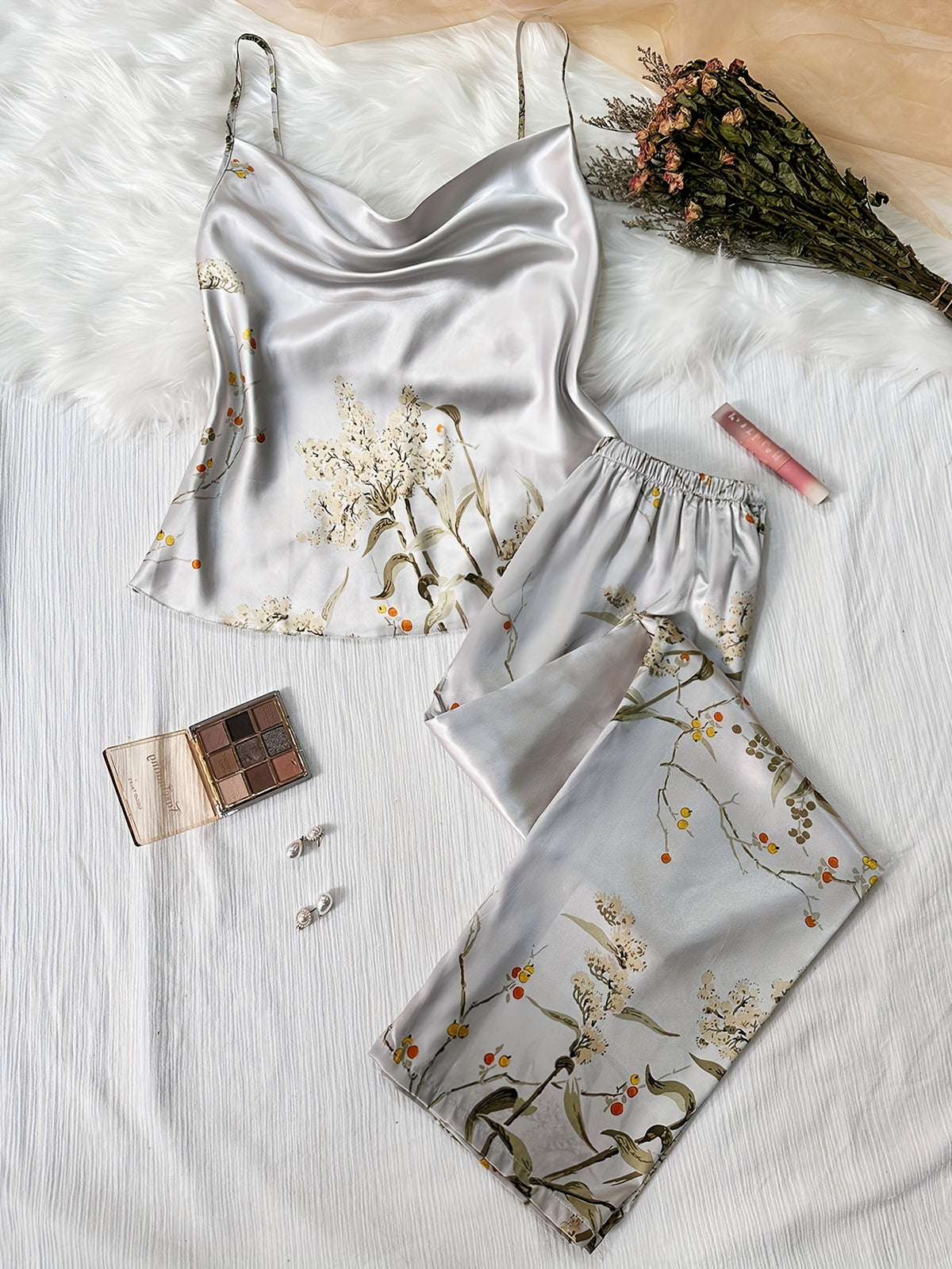 Pyjama Femme Long Pantalon + Débardeur DFleurs en Satin | CozyCloud