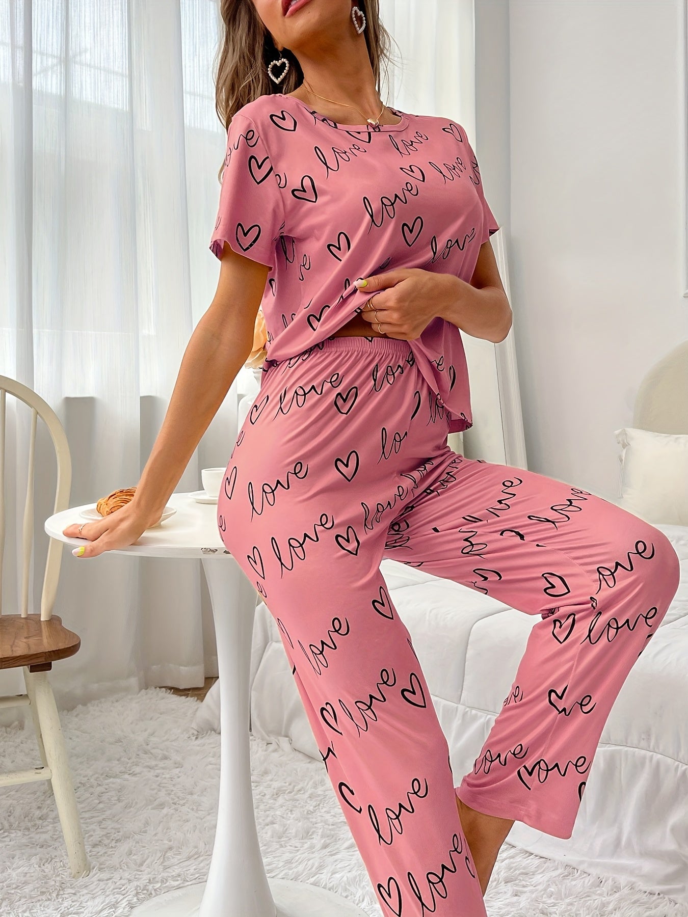 Pyjama Femme Long Pantalon + Chemise à Manches Courtes Amour L&C en Coton | CozyCloud