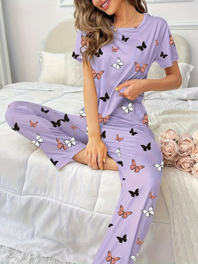 Pyjama Femme Long Pantalon + Chemise à Manches Courtes Papillons Petites en Coton | CozyCloud