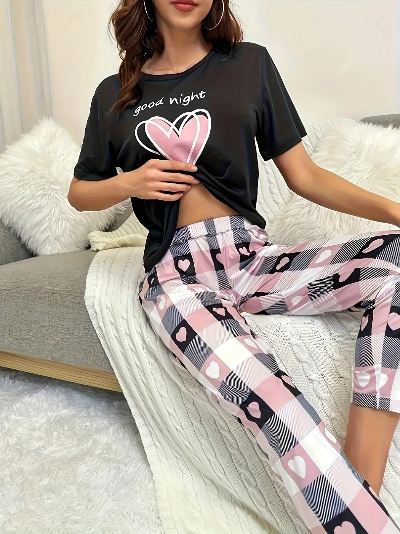 Pyjama Femme Long Pantalon + Chemise à Manches Courtes CoeursRose en Coton | CozyCloud