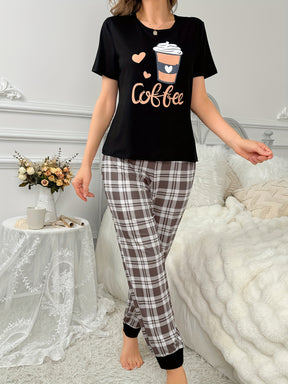 Pyjama Femme Court Pantalon + Chemise à Manches Courtes Tasse Adorable en Coton | CozyCloud