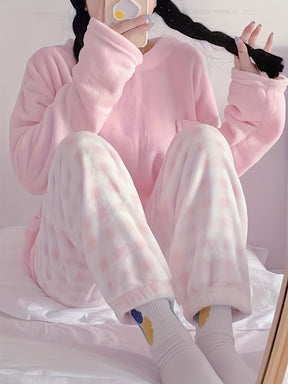 Pyjama Femme Long Pantalon + Blouse à Manches Longues en Peluche CarreauxColoré en Coton | CozyCloud