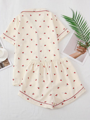 Pyjama Femme Court Shorts + Chemise à Manches Courtes Américain Cerises en Coton | CozyCloud