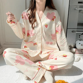 Pyjama Femme Long Pantalon + Chemise à Manches Longues avec Boutons Divers en Coton | CozyCloud