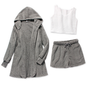 Pyjama Femme Court Shorts + Crop Top + Veste à Capuche Duveteux en Coton | CozyCloud