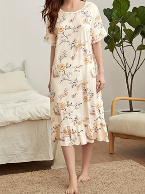 Pyjama Femme Chemise de Nuit Fleurs et Branches en Satin | CozyCloud