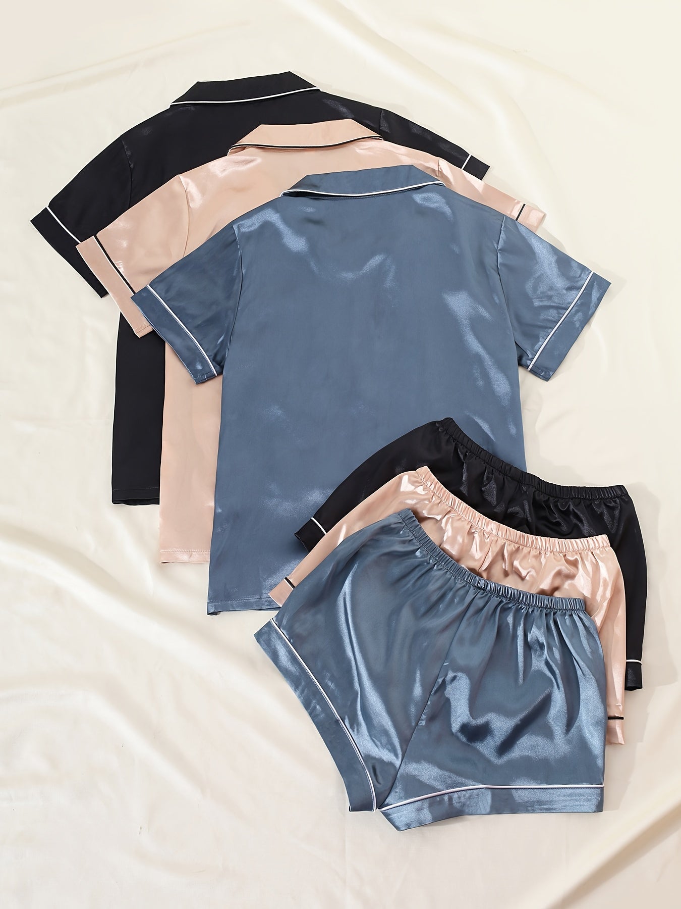 Pyjama Femme 6 Pièces Court Shorts + Chemise Manches Courtes Américain Neutre 100% Satin | CozyCloud