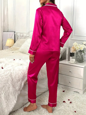 Pyjama Femme Long Pantalon + Chemise Manches Longues Américain B Vibrant en 100% Satin | CozyCloud