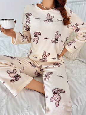 Pyjama Femme Long Pantalon + Chemise Peluche Manches Longues PetitsLapins en 100% Coton | CozyCloud