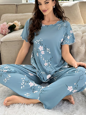 Pyjama Femme Long Pantalon + Chemise à Manches Courtes Élastiques Fleurs en Coton | CozyCloud