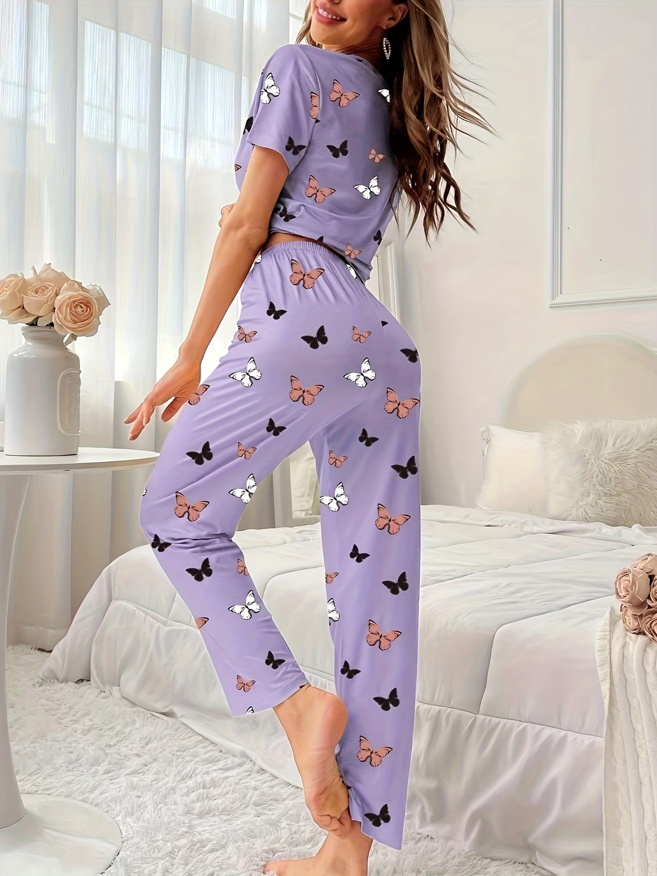 Pyjama Femme Long Pantalon + Chemise à Manches Courtes Papillons Petites en Coton | CozyCloud