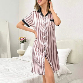 Pyjama Femme Nuisette Chemise Rayé en Satin | CozyCloud