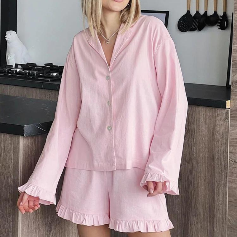 Pyjama Femme Courts Shorts + Chemise à Manches Longues Uni en 100% Coton | CozyCloud