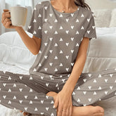 Pyjama Femme Long Pantalon + Chemise à Manches Courtes Blancs Coeurs en Coton | CozyCloud