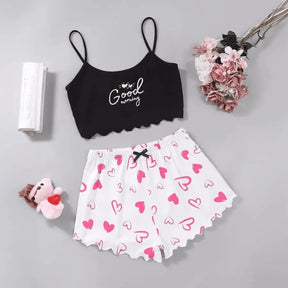 Pyjama Femme Court Shorts + Crop Top Bonjour en Coton | CozyCloud