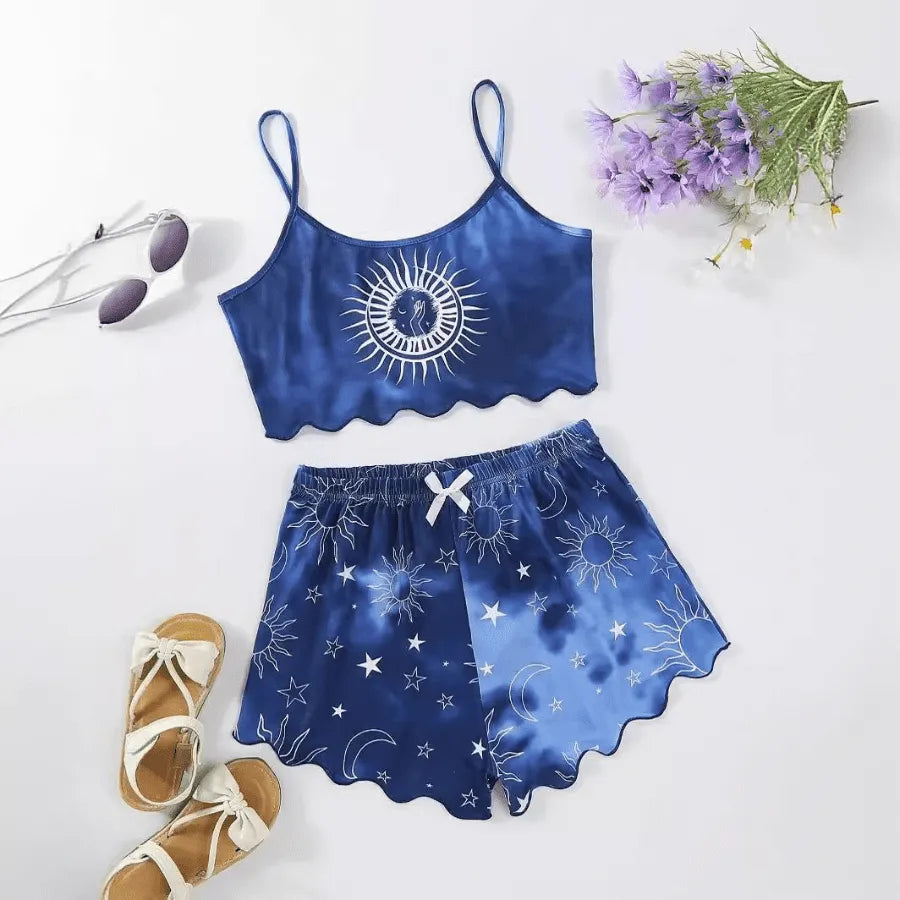 Pyjama Femme Court Shorts + Crop Top TieDye Étoiles en Coton | CozyCloud